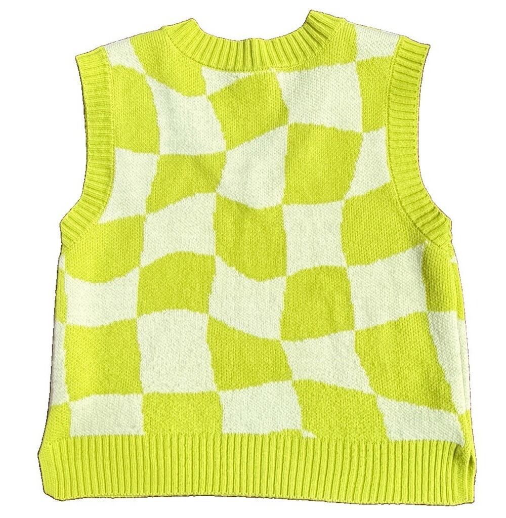 Sweater Vest Womens M Wavy Checkered Lime Green Oversized Knit Streetwear Retro